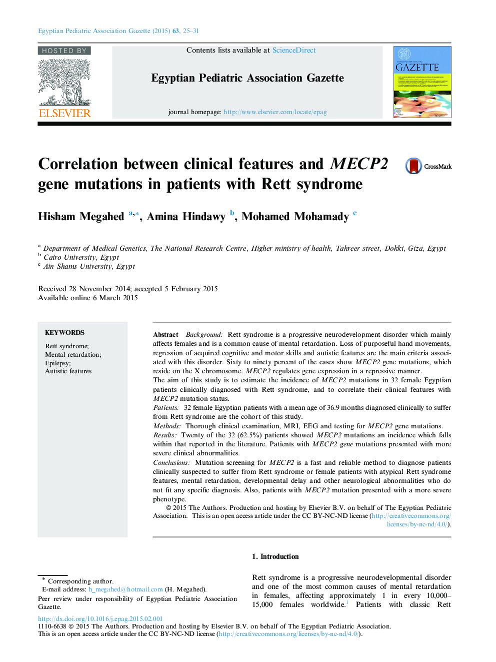Correlation between clinical features and MECP2 gene mutations in patients with Rett syndrome 