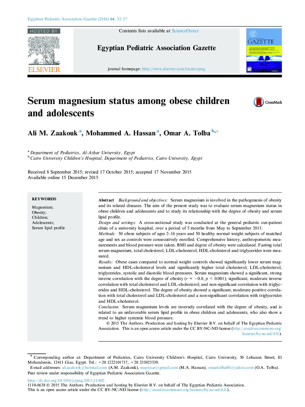 Serum magnesium status among obese children and adolescents 