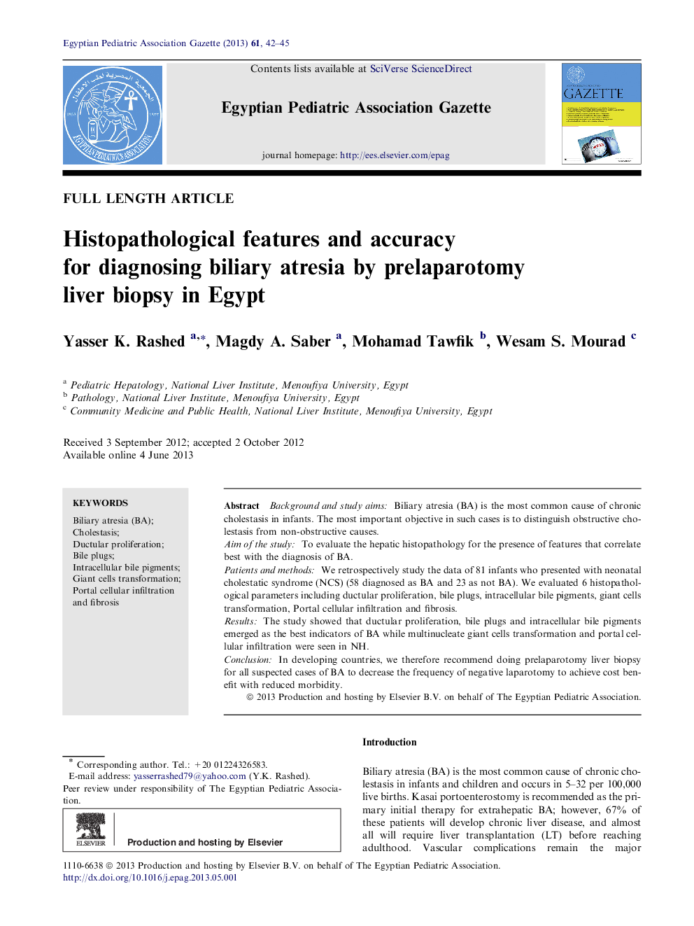 Histopathological features and accuracy for diagnosing biliary atresia by prelaparotomy liver biopsy in Egypt 