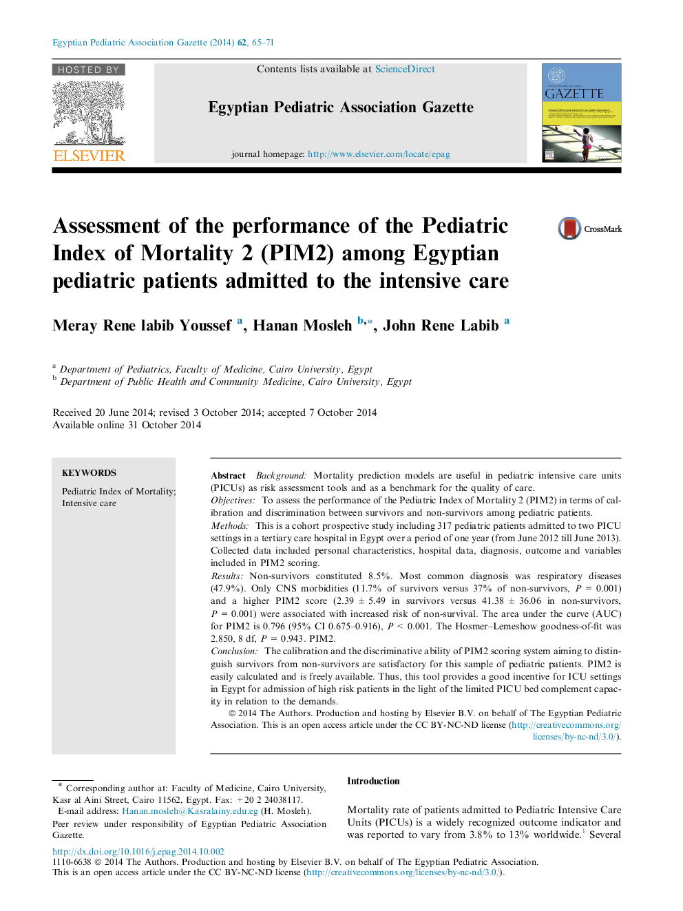 Assessment of the performance of the Pediatric Index of Mortality 2 (PIM2) among Egyptian pediatric patients admitted to the intensive care 