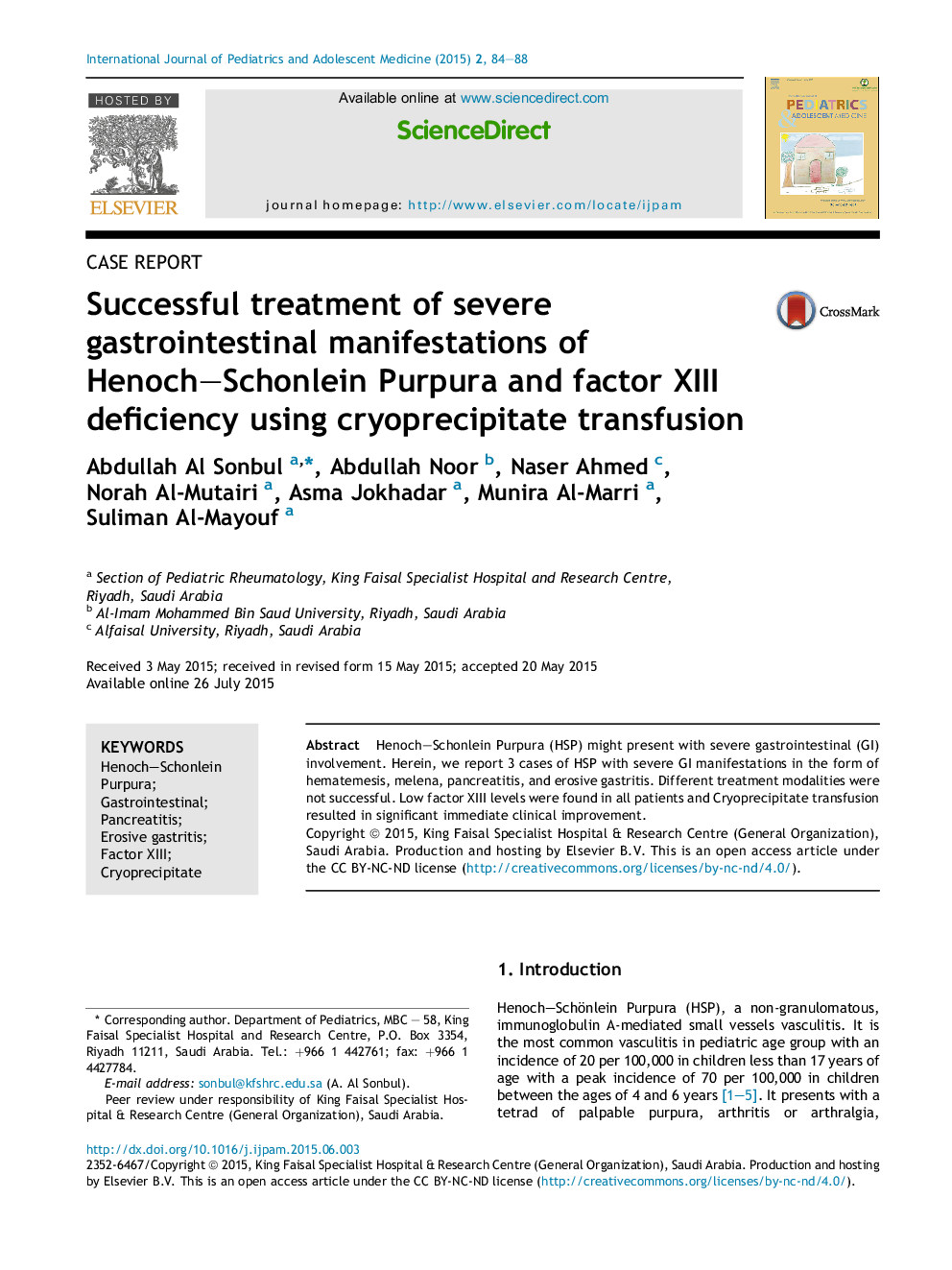 Successful treatment of severe gastrointestinal manifestations of Henoch–Schonlein Purpura and factor XIII deficiency using cryoprecipitate transfusion 