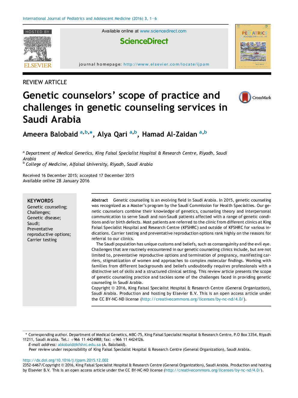 Genetic counselors' scope of practice and challenges in genetic counseling services in Saudi Arabia 