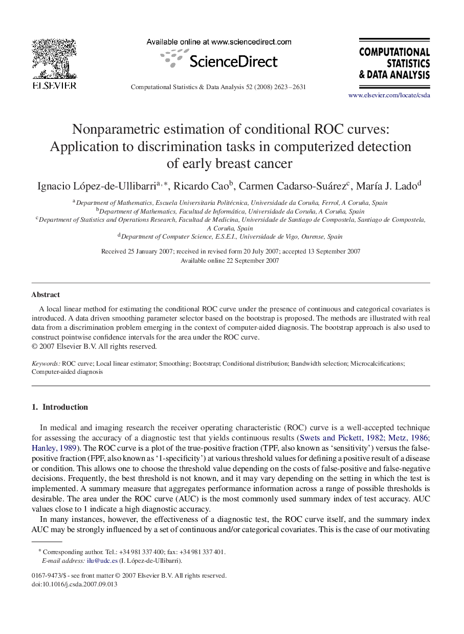 Nonparametric estimation of conditional ROC curves: Application to discrimination tasks in computerized detection of early breast cancer