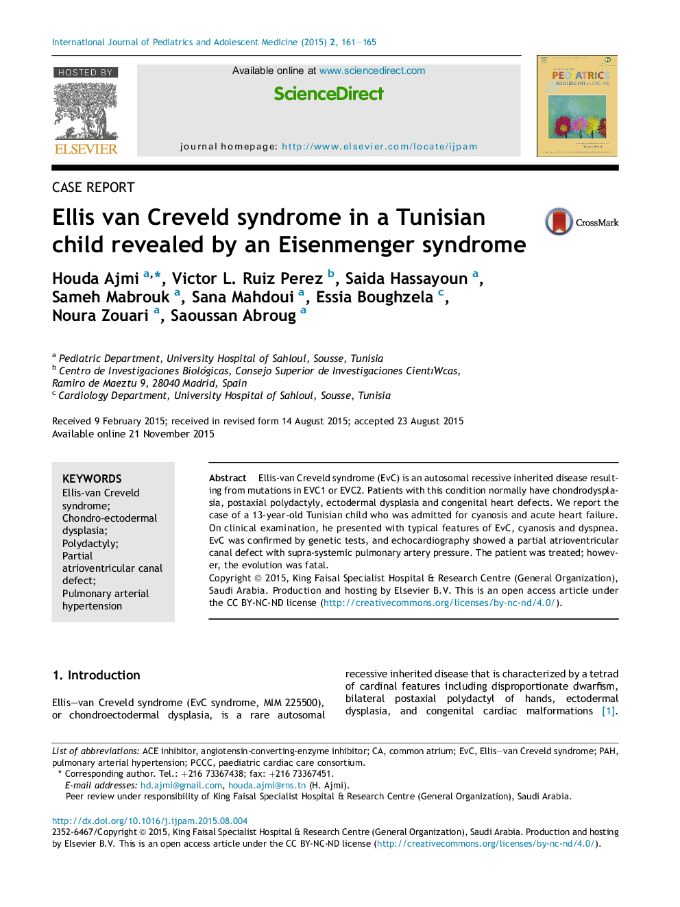 Ellis van Creveld syndrome in a Tunisian child revealed by an Eisenmenger syndrome 