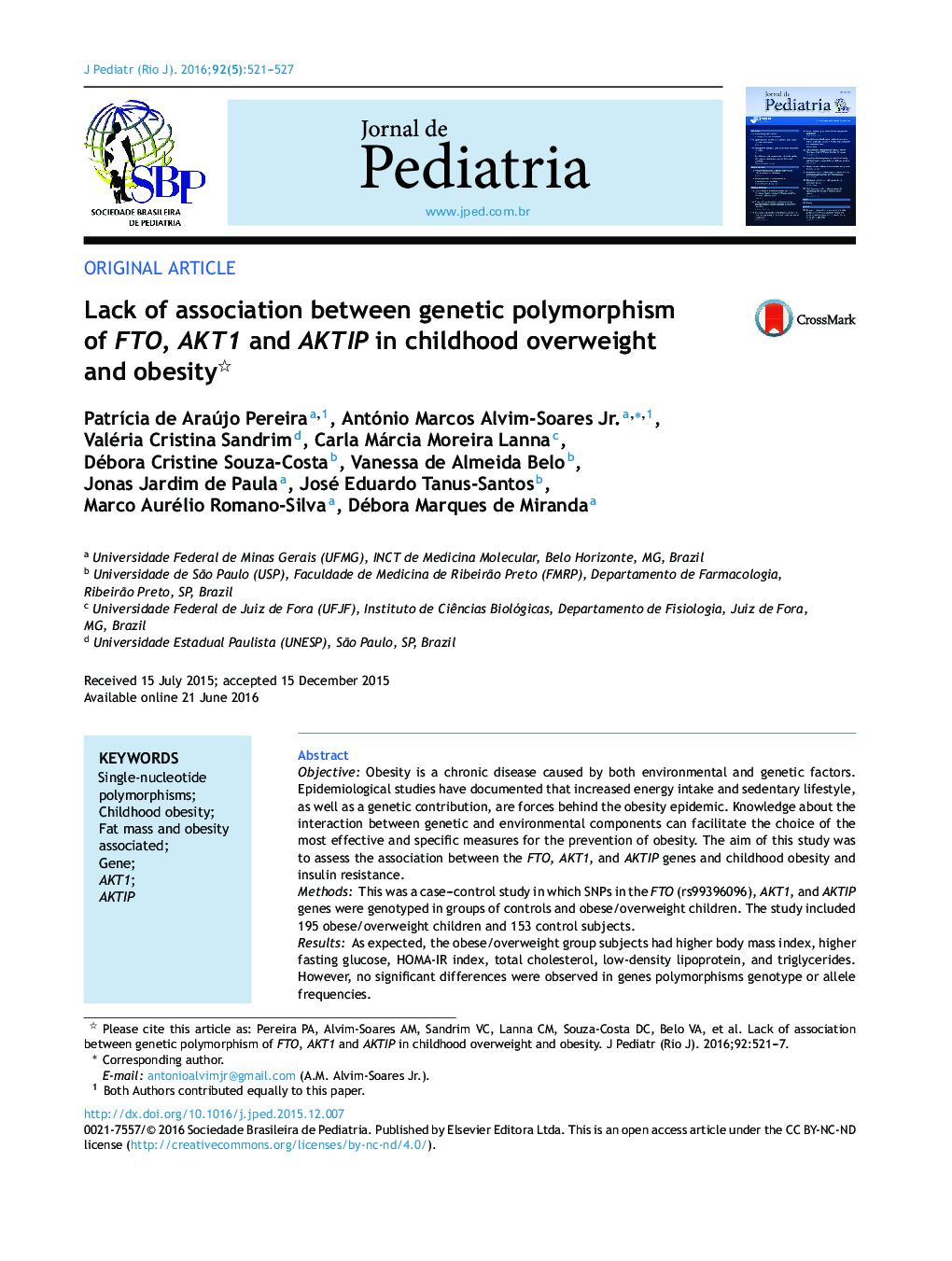 Lack of association between genetic polymorphism of FTO, AKT1 and AKTIP in childhood overweight and obesity 