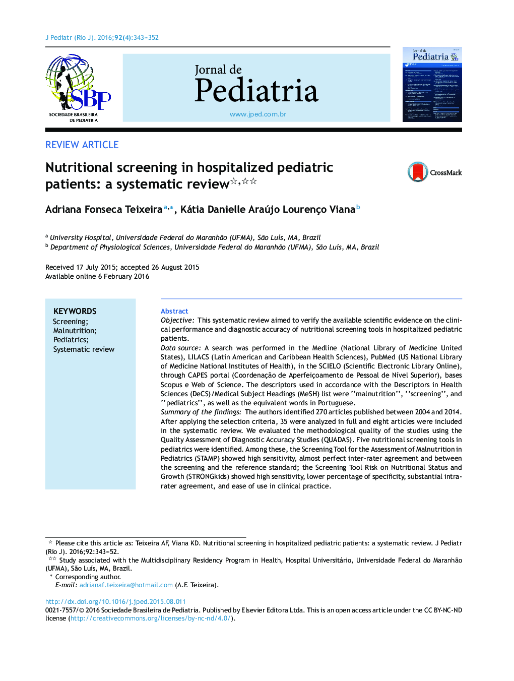 Nutritional screening in hospitalized pediatric patients: a systematic review 