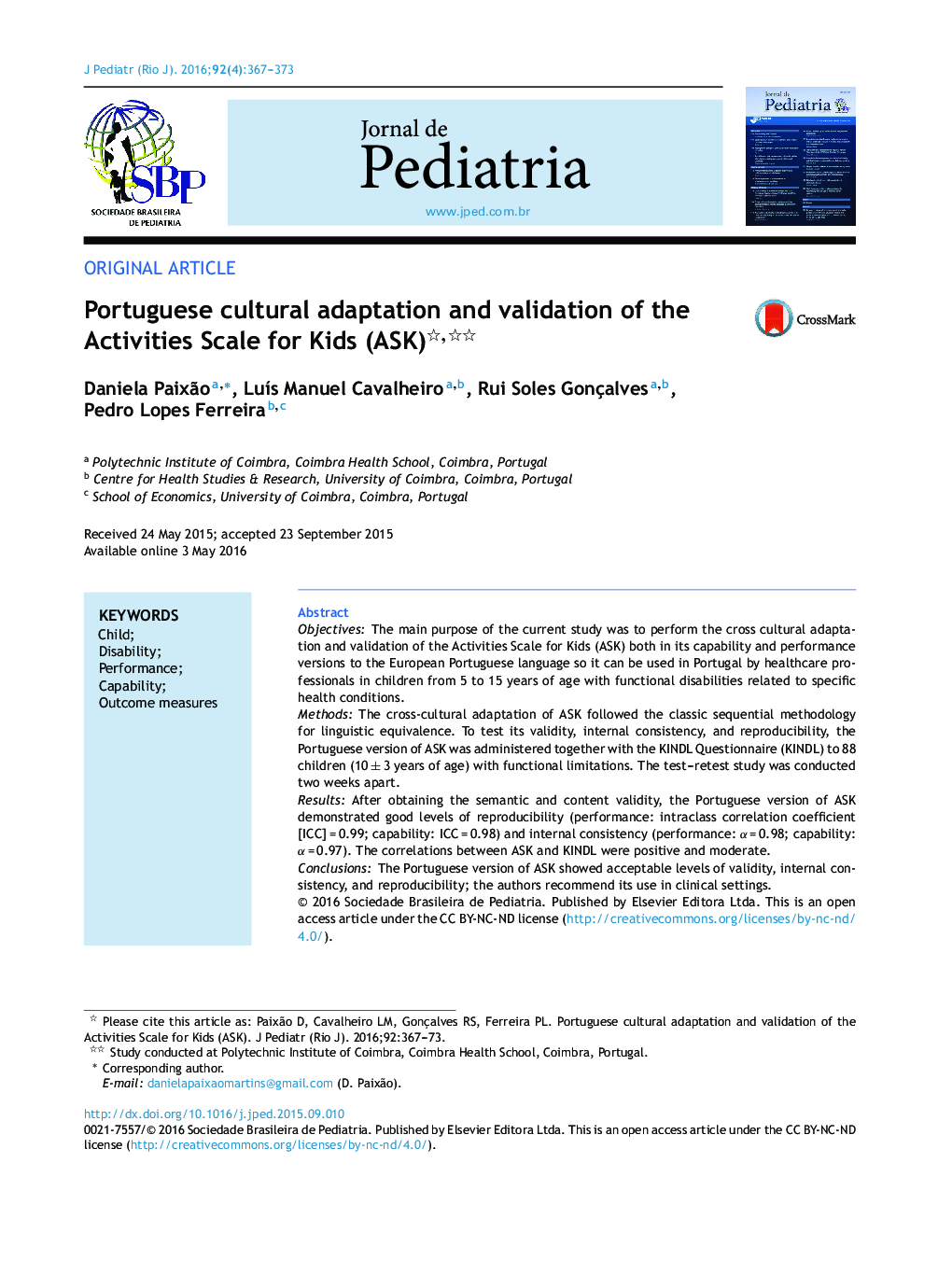 Portuguese cultural adaptation and validation of the Activities Scale for Kids (ASK) 