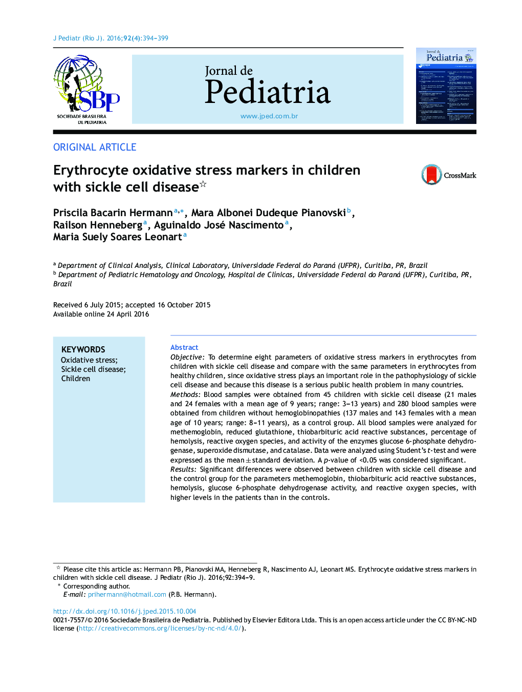 Erythrocyte oxidative stress markers in children with sickle cell disease 