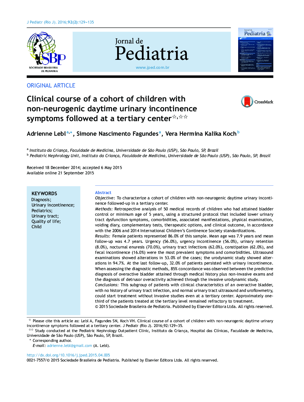 Clinical course of a cohort of children with non-neurogenic daytime urinary incontinence symptoms followed at a tertiary center 