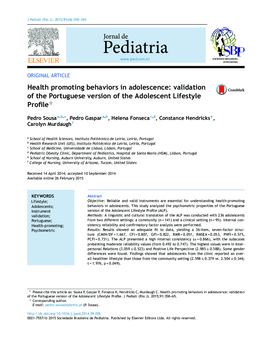 Health promoting behaviors in adolescence: validation of the Portuguese version of the Adolescent Lifestyle Profile 