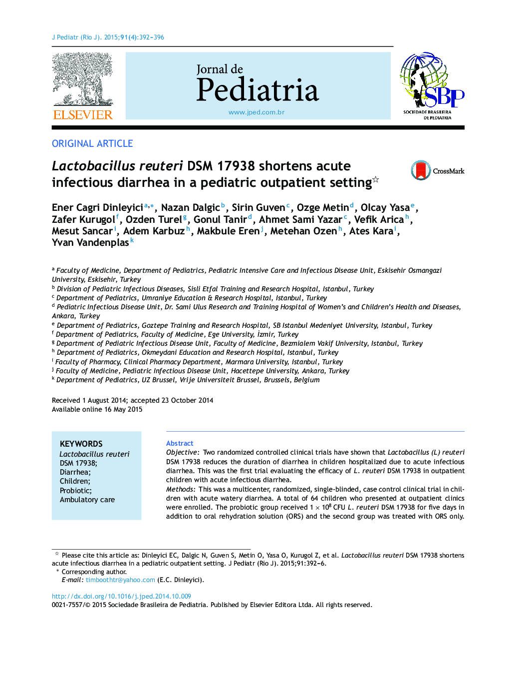 Lactobacillus reuteri DSM 17938 shortens acute infectious diarrhea in a pediatric outpatient setting 