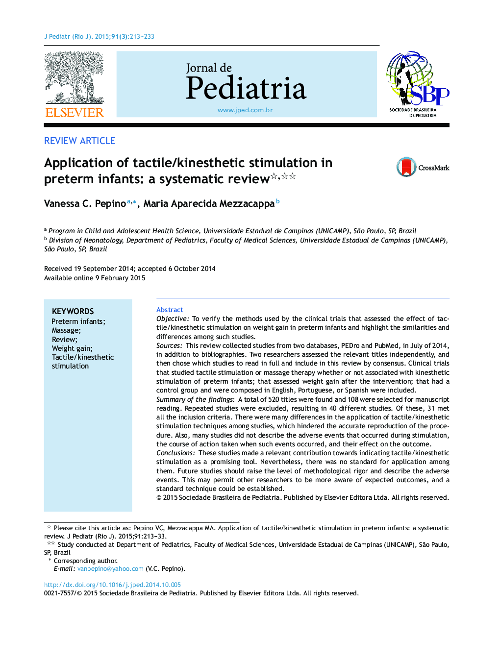 Application of tactile/kinesthetic stimulation in preterm infants: a systematic review 