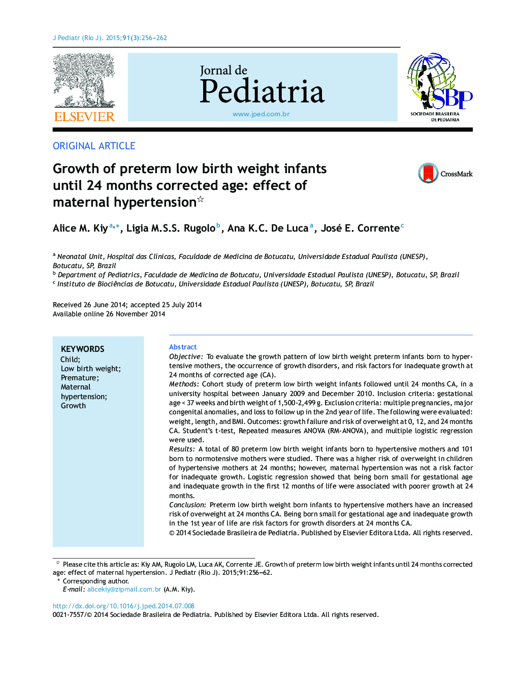 Growth of preterm low birth weight infants until 24 months corrected age: effect of maternal hypertension 