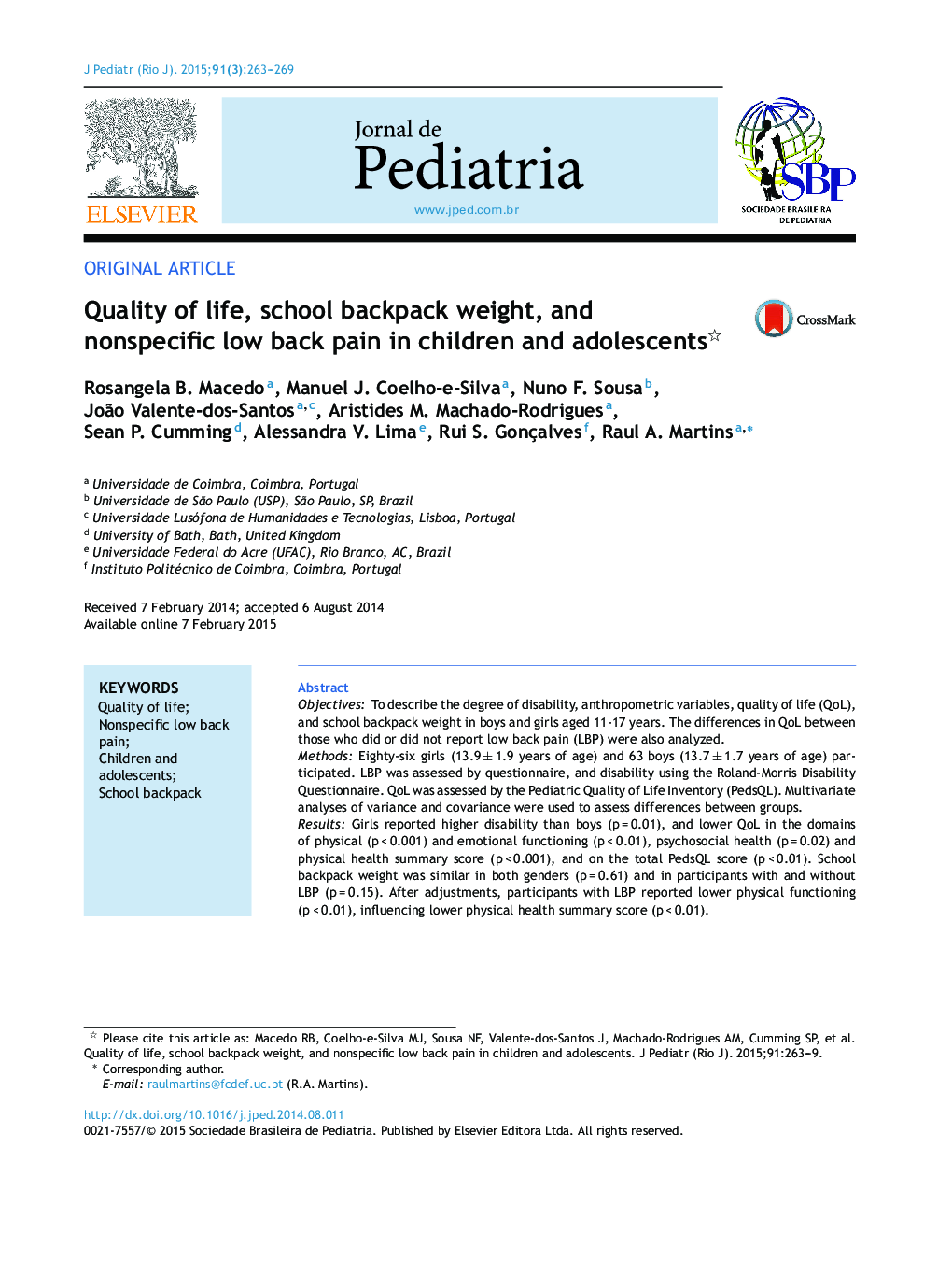 Quality of life, school backpack weight, and nonspecific low back pain in children and adolescents 