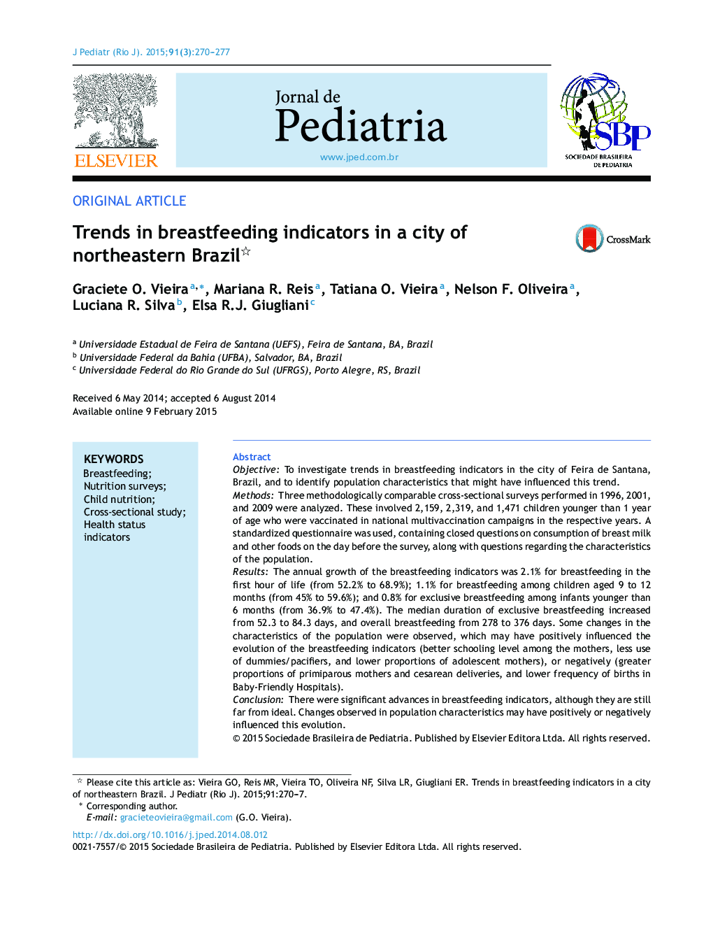 Trends in breastfeeding indicators in a city of northeastern Brazil 