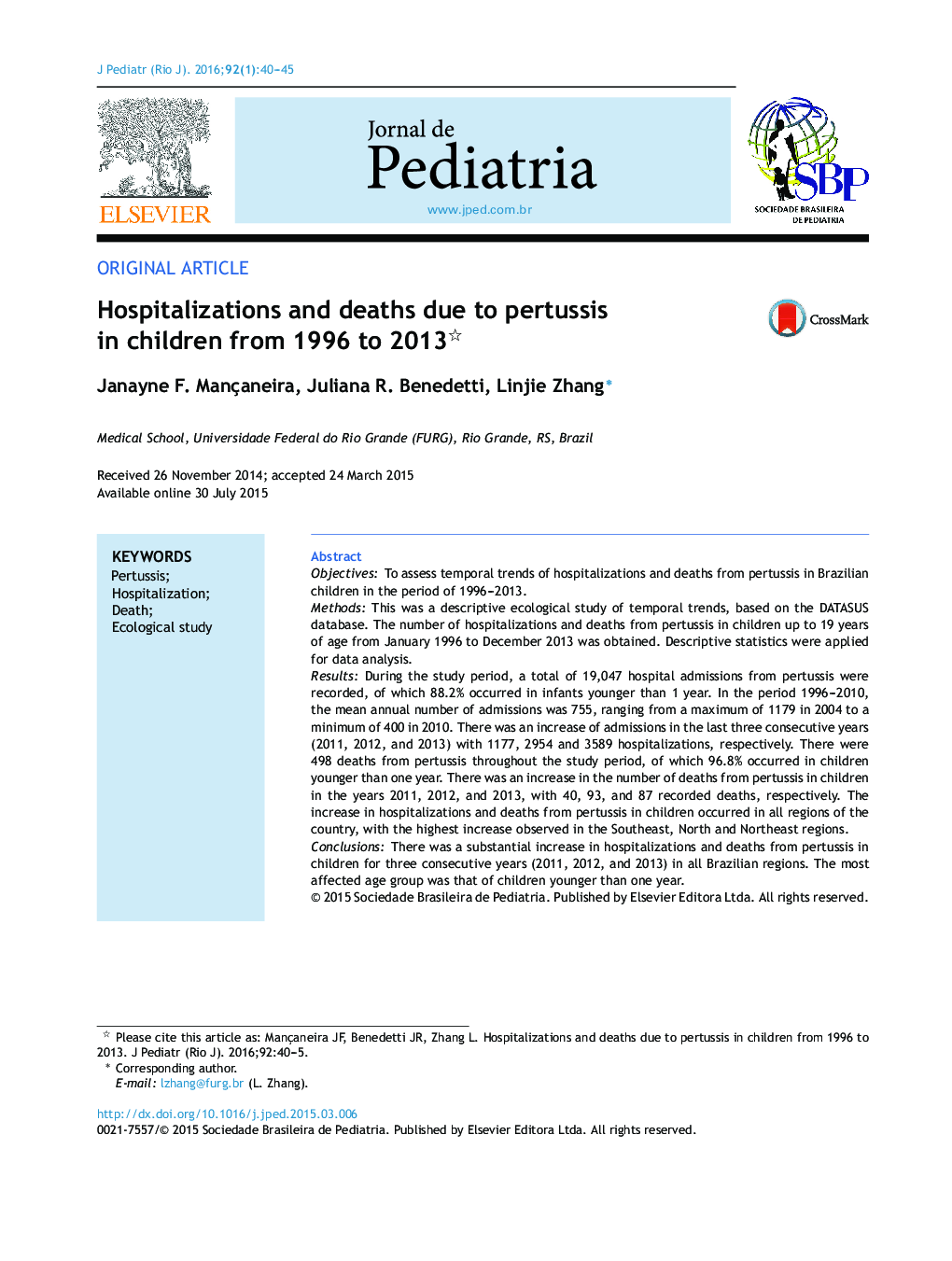Hospitalizations and deaths due to pertussis in children from 1996 to 2013 