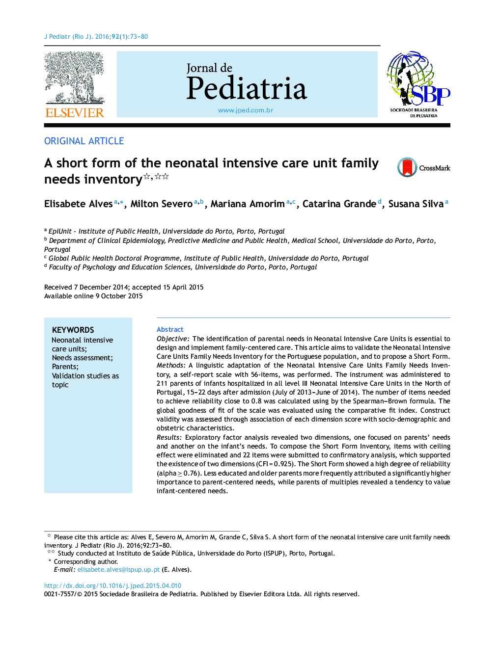 A short form of the neonatal intensive care unit family needs inventory 