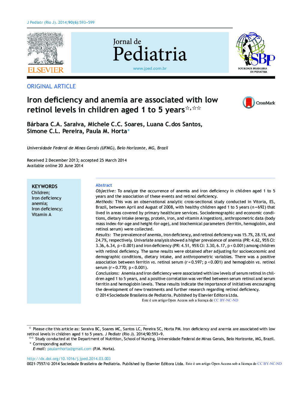 Iron deficiency and anemia are associated with low retinol levels in children aged 1 to 5 years 
