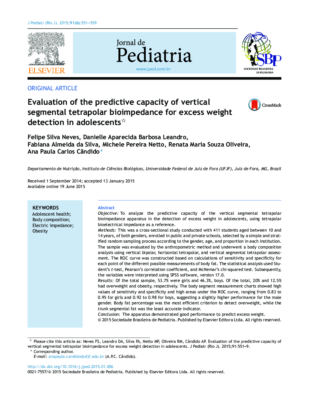 Evaluation of the predictive capacity of vertical segmental tetrapolar bioimpedance for excess weight detection in adolescents 