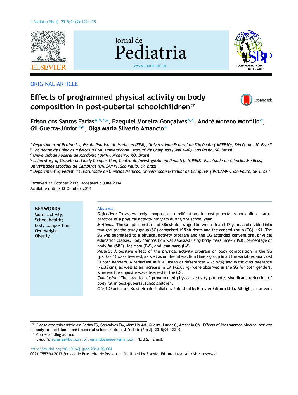 Effects of programmed physical activity on body composition in post-pubertal schoolchildren 