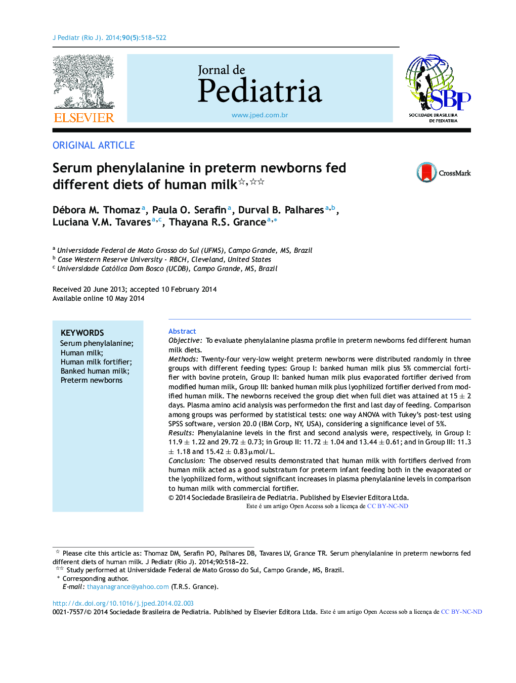 Serum phenylalanine in preterm newborns fed different diets of human milk 