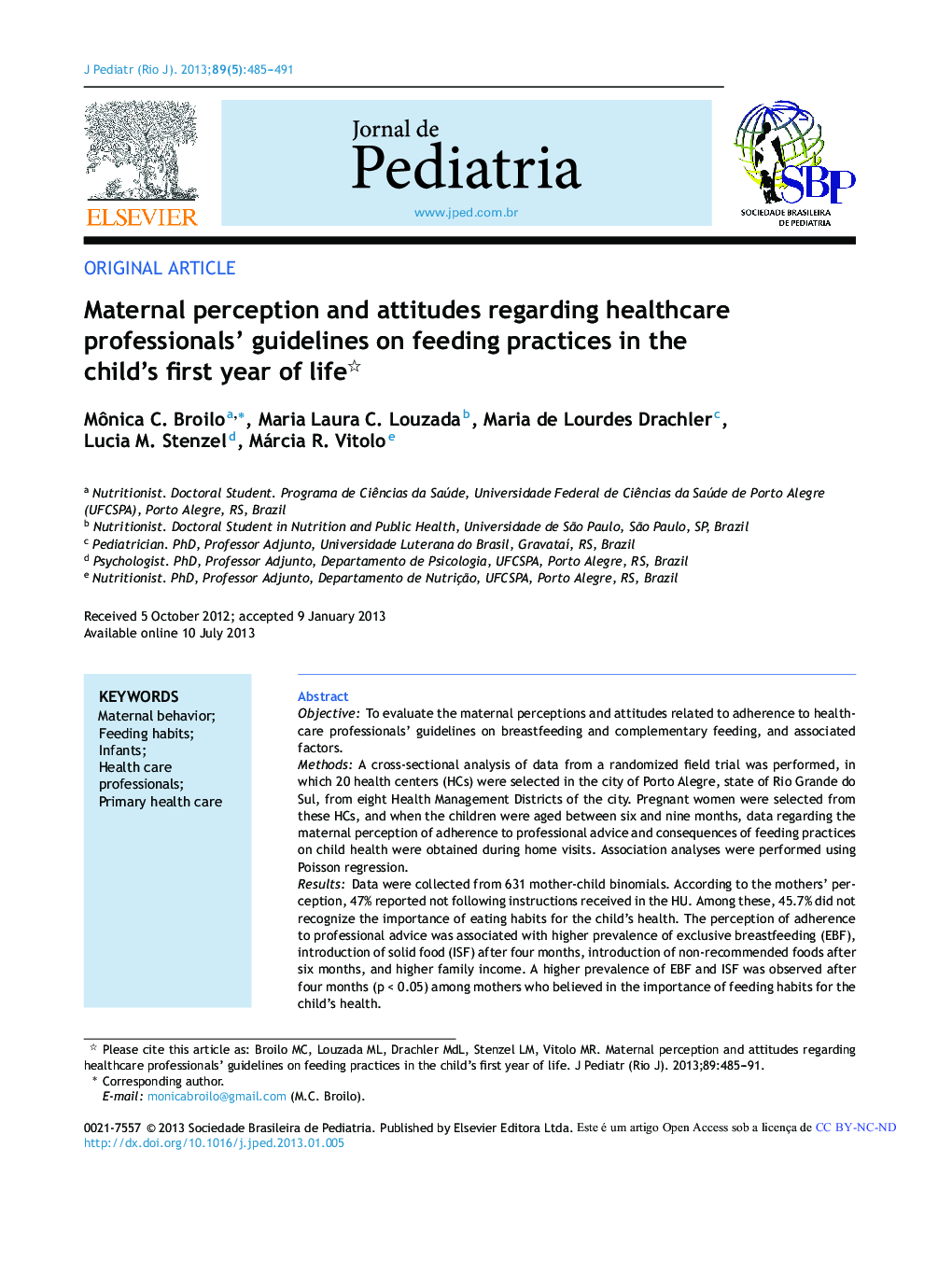 Maternal perception and attitudes regarding healthcare professionals’ guidelines on feeding practices in the child's first year of life 