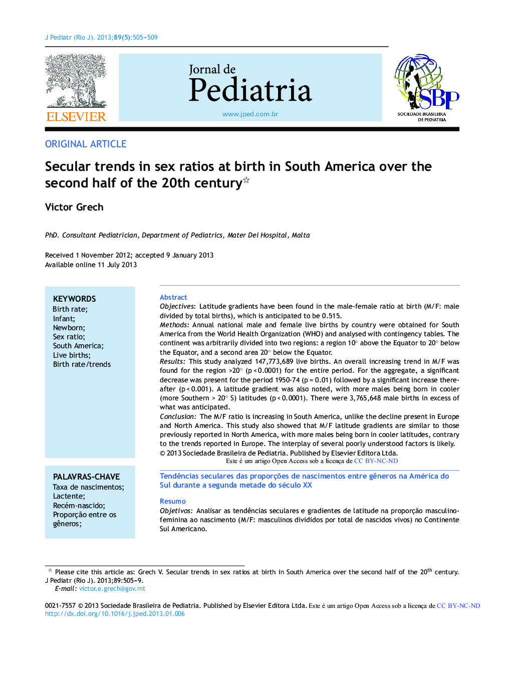 Secular trends in sex ratios at birth in South America over the second half of the 20th century 