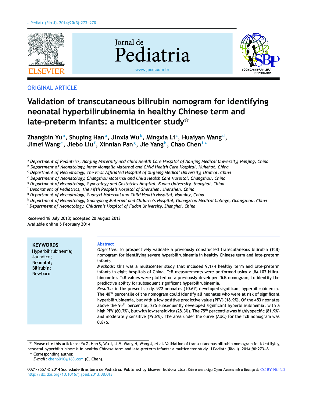 Validation of transcutaneous bilirubin nomogram for identifying neonatal hyperbilirubinemia in healthy Chinese term and late‐preterm infants: a multicenter study 