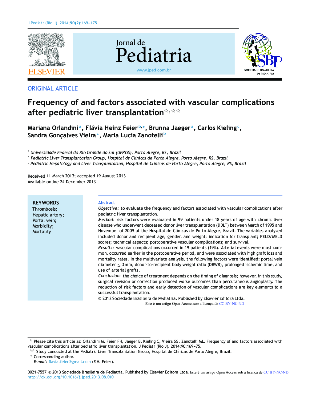 Frequency of and factors associated with vascular complications after pediatric liver transplantation 