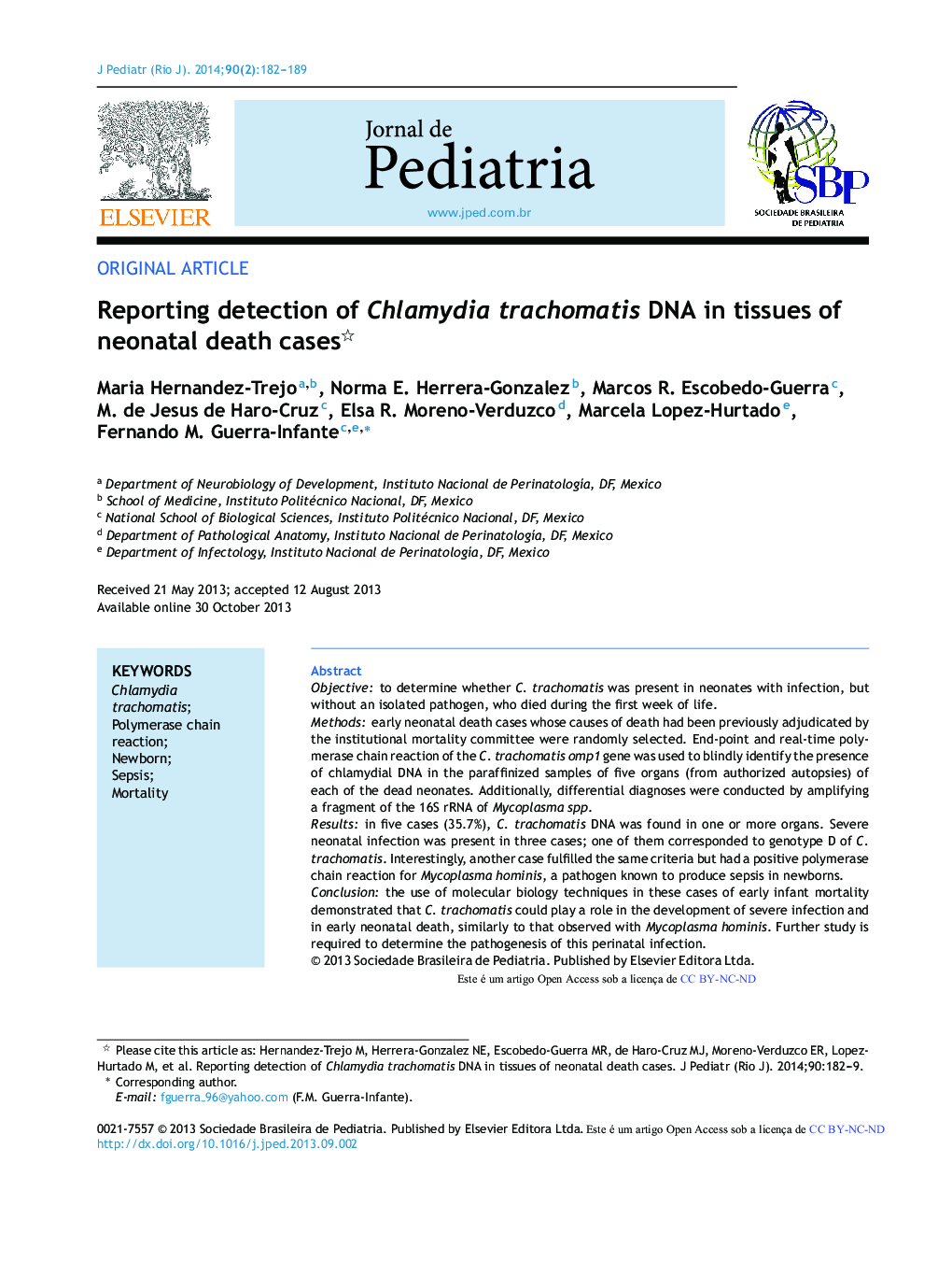 Reporting detection of Chlamydia trachomatis DNA in tissues of neonatal death cases 