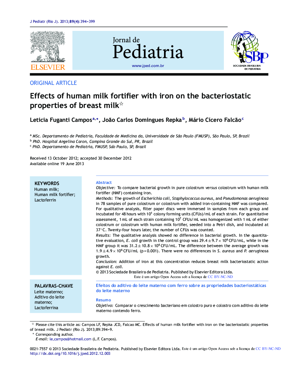 Effects of human milk fortifier with iron on the bacteriostatic properties of breast milk 