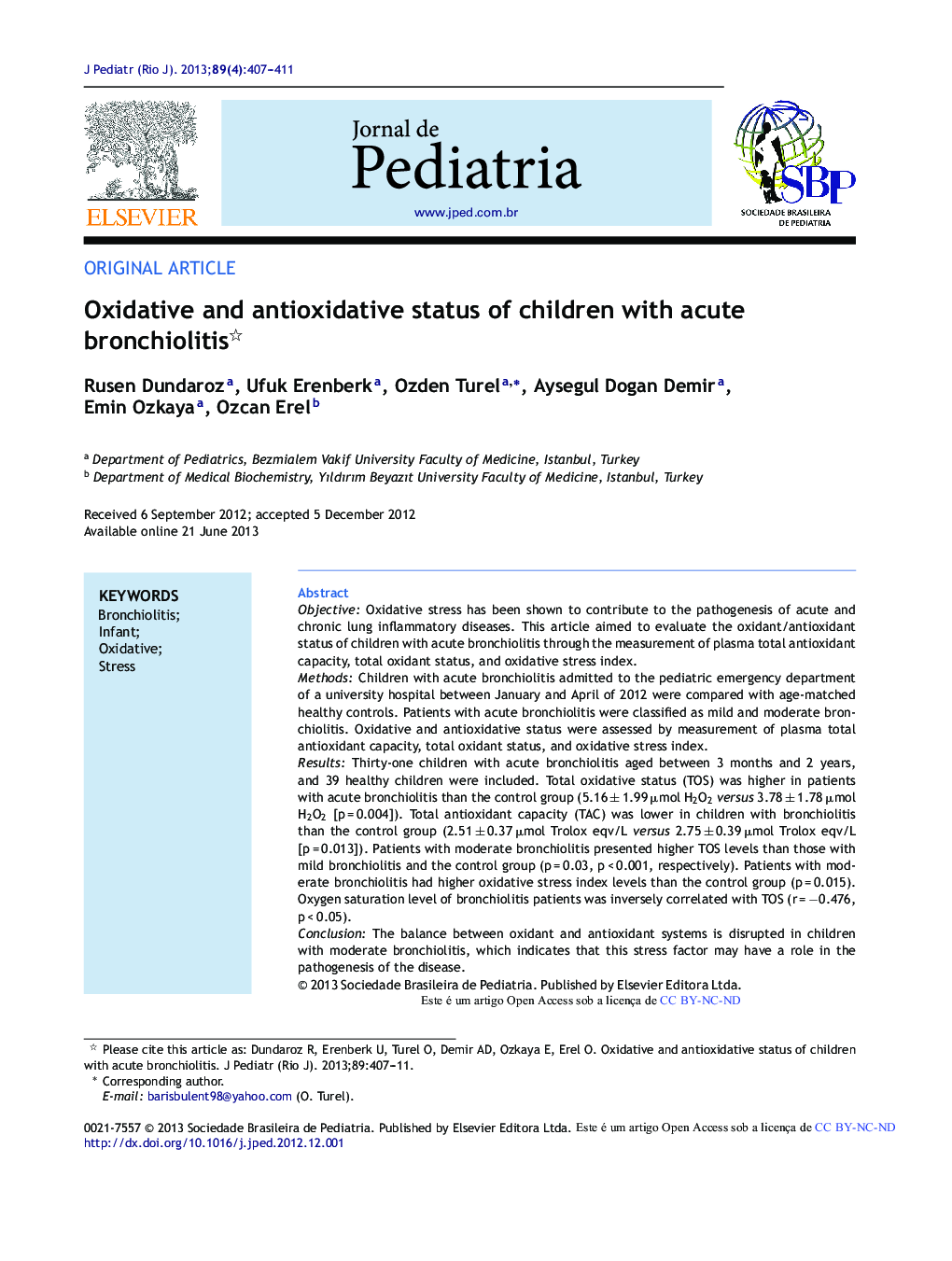 Oxidative and antioxidative status of children with acute bronchiolitis 