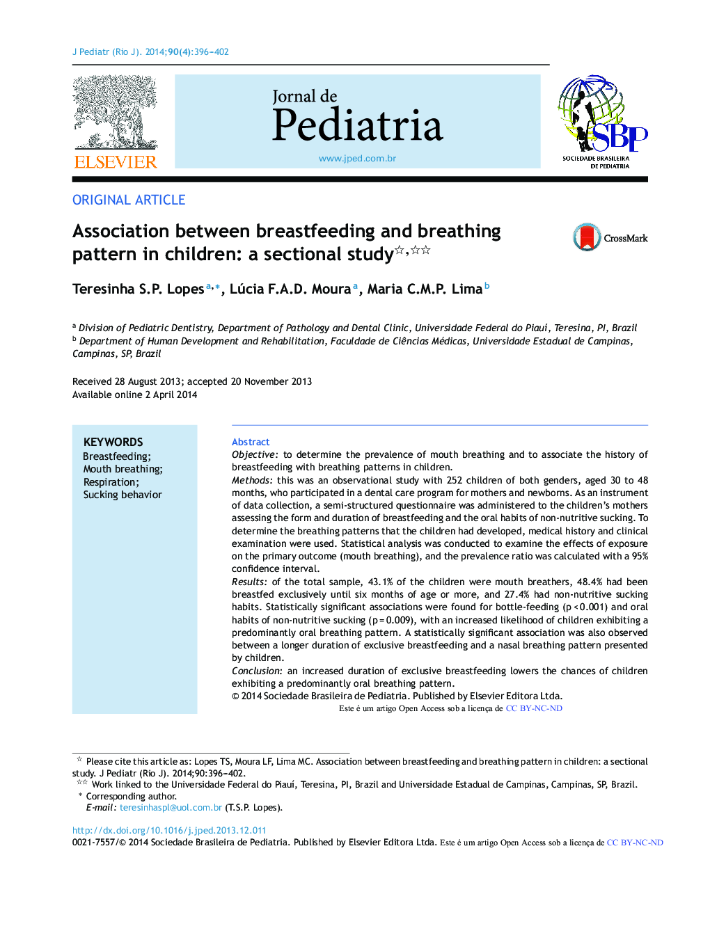 Association between breastfeeding and breathing pattern in children: a sectional study 