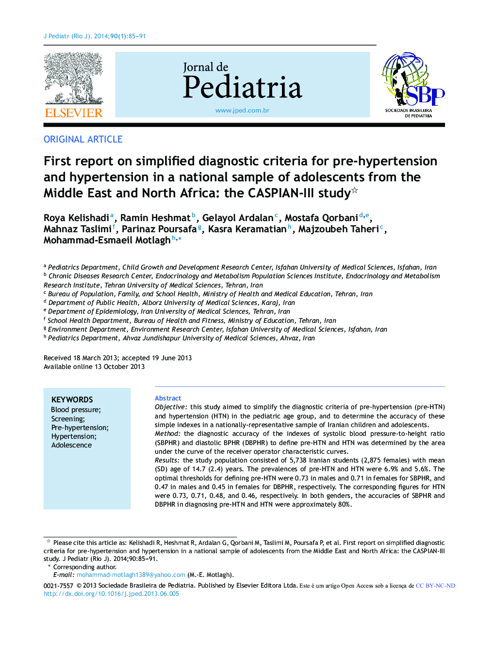 First report on simplified diagnostic criteria for pre-hypertension and hypertension in a national sample of adolescents from the Middle East and North Africa: the CASPIAN-III study 