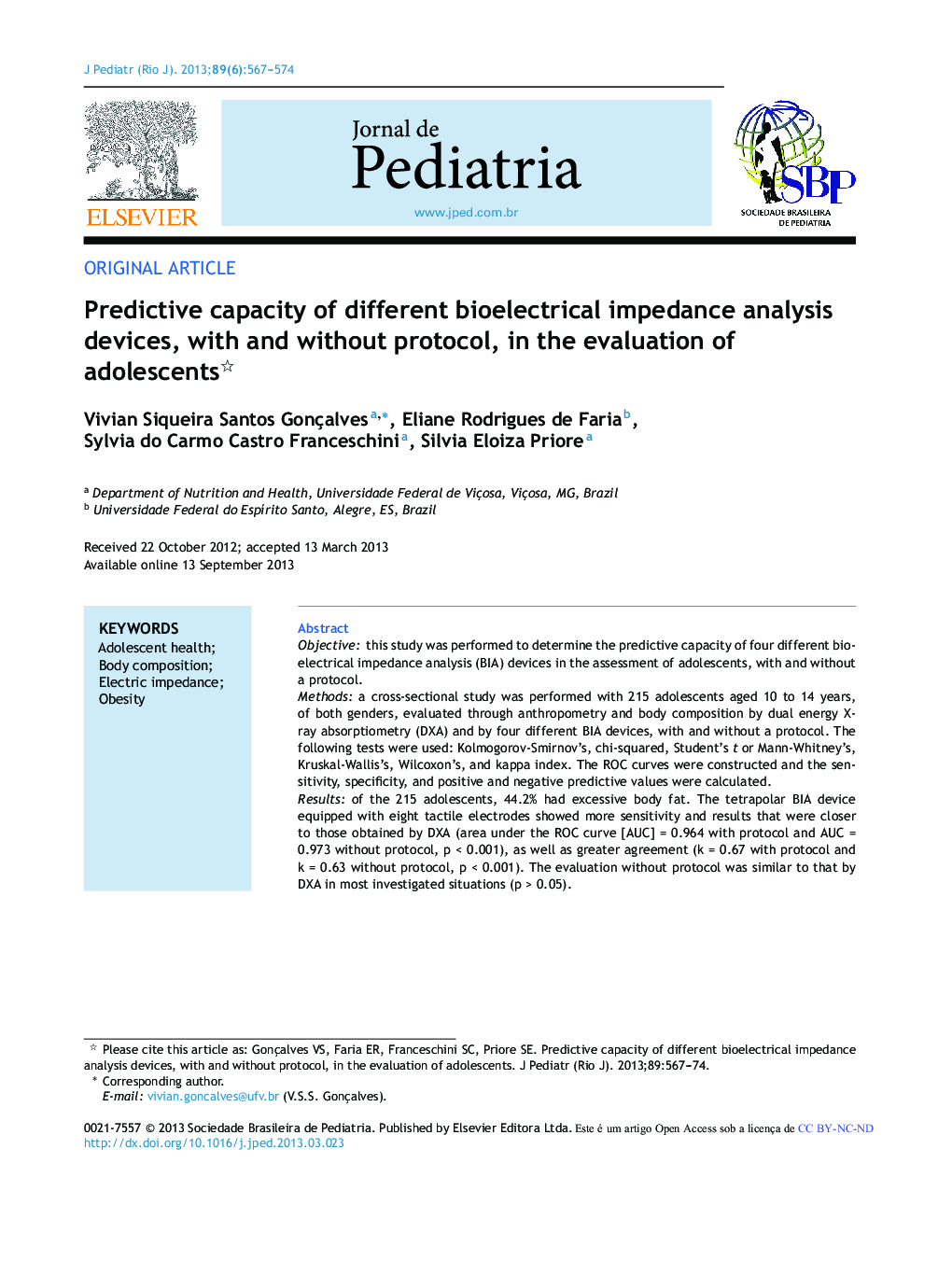 Predictive capacity of different bioelectrical impedance analysis devices, with and without protocol, in the evaluation of adolescents 