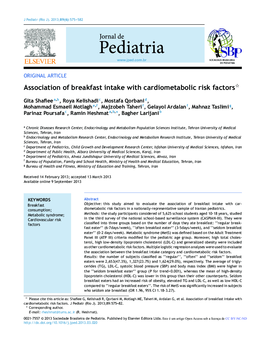 Association of breakfast intake with cardiometabolic risk factors 