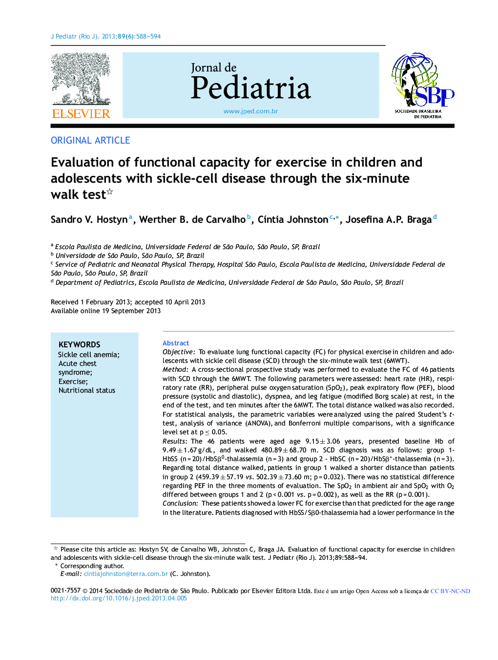 Evaluation of functional capacity for exercise in children and adolescents with sickle-cell disease through the six-minute walk test 