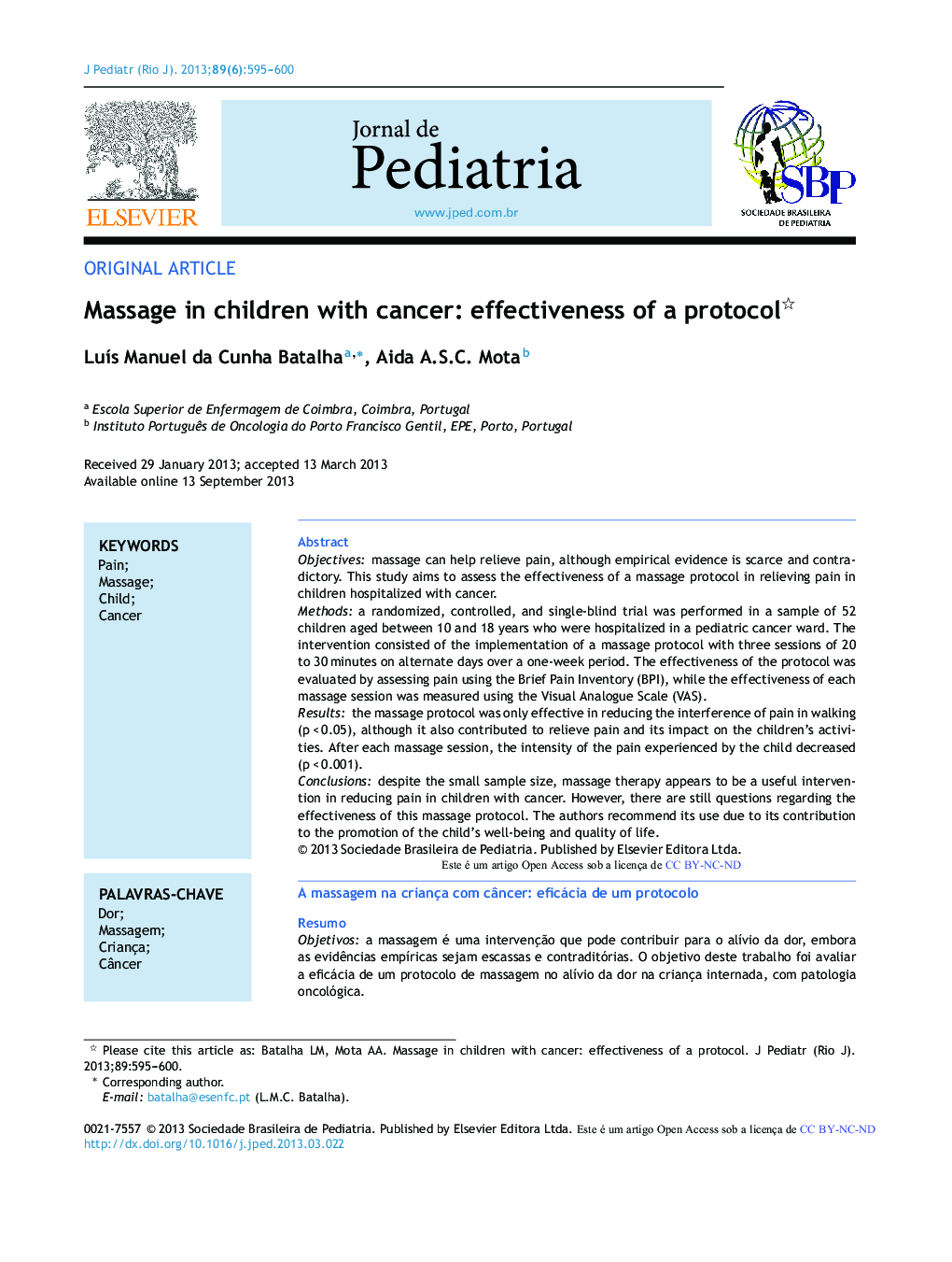 Massage in children with cancer: effectiveness of a protocol 