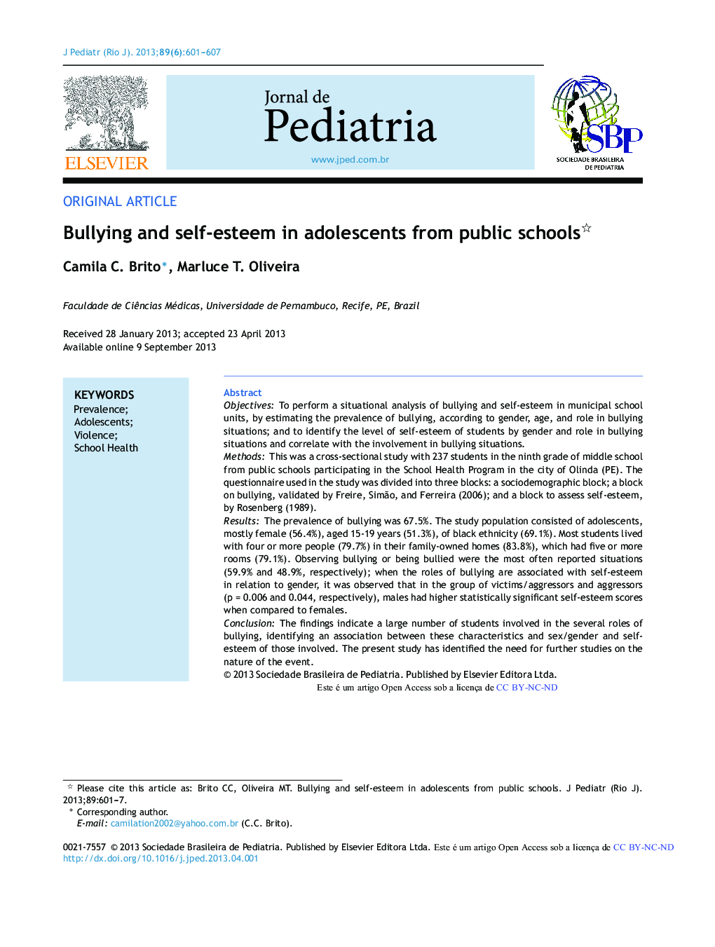 Bullying and self-esteem in adolescents from public schools 