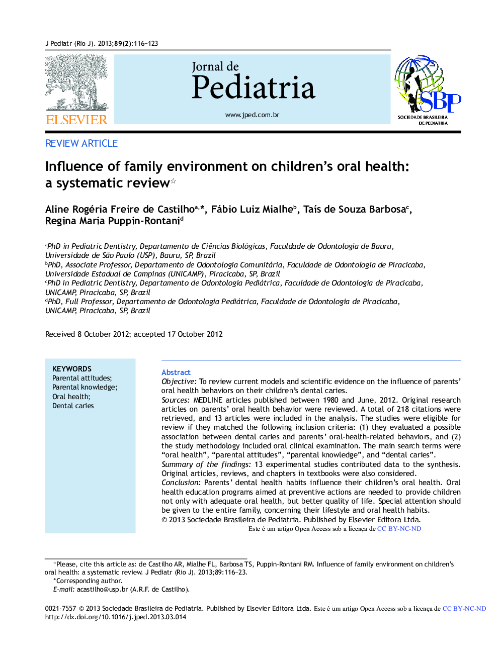 Influence of family environment on children's oral health: a systematic review *