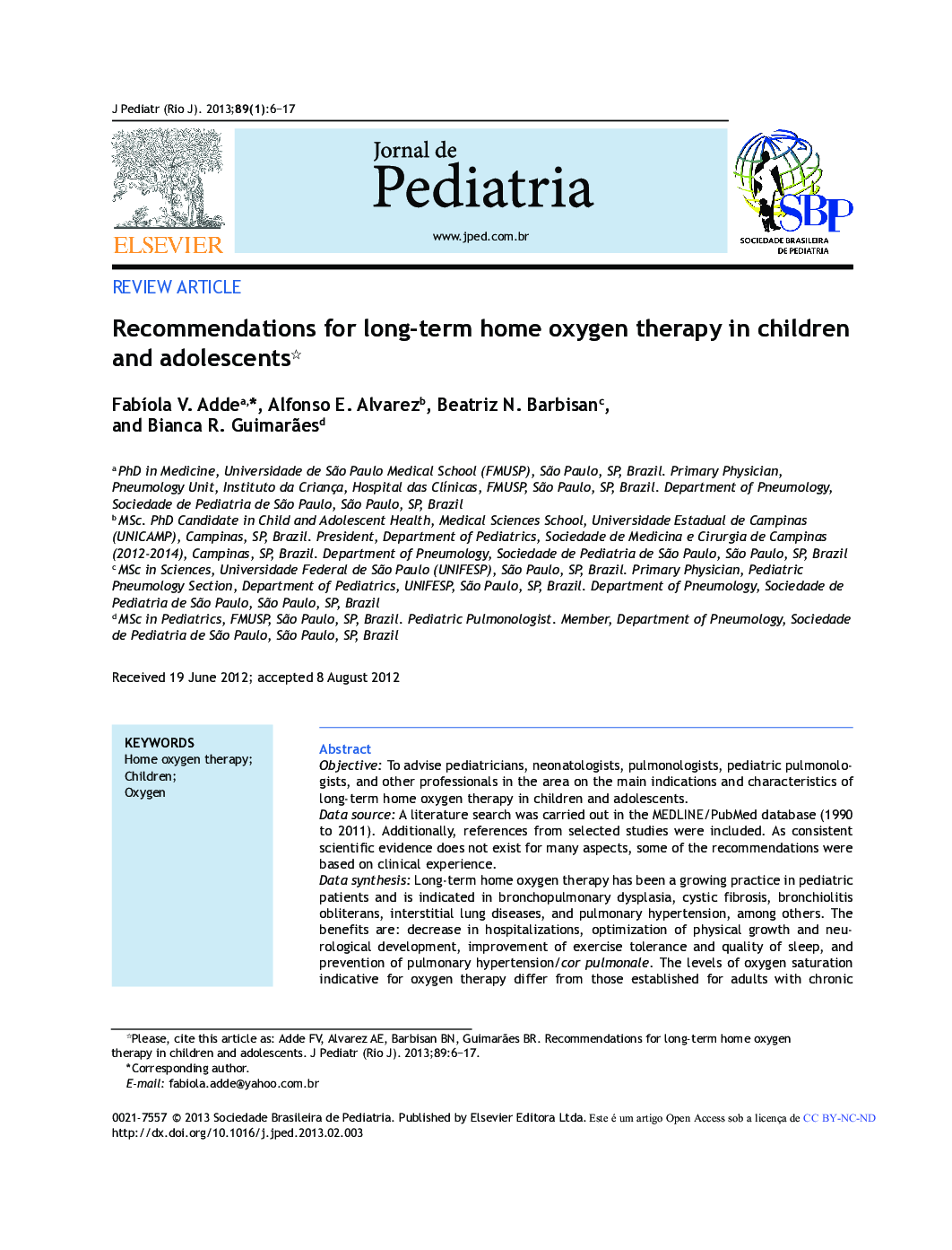 Recommendations for Long-term Home Oxygen Therapy in Children and Adolescents 