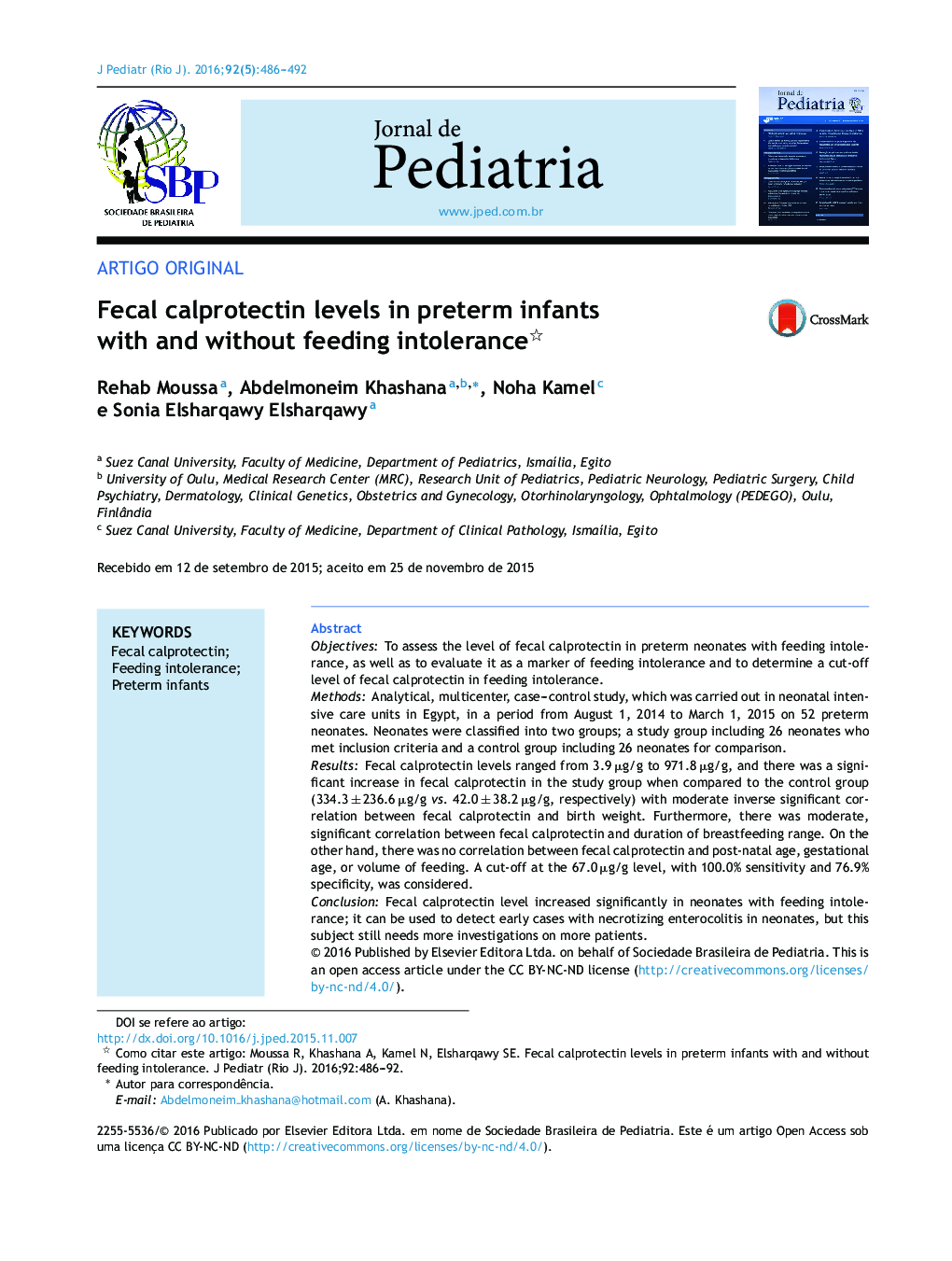Fecal calprotectin levels in preterm infants with and without feeding intolerance 