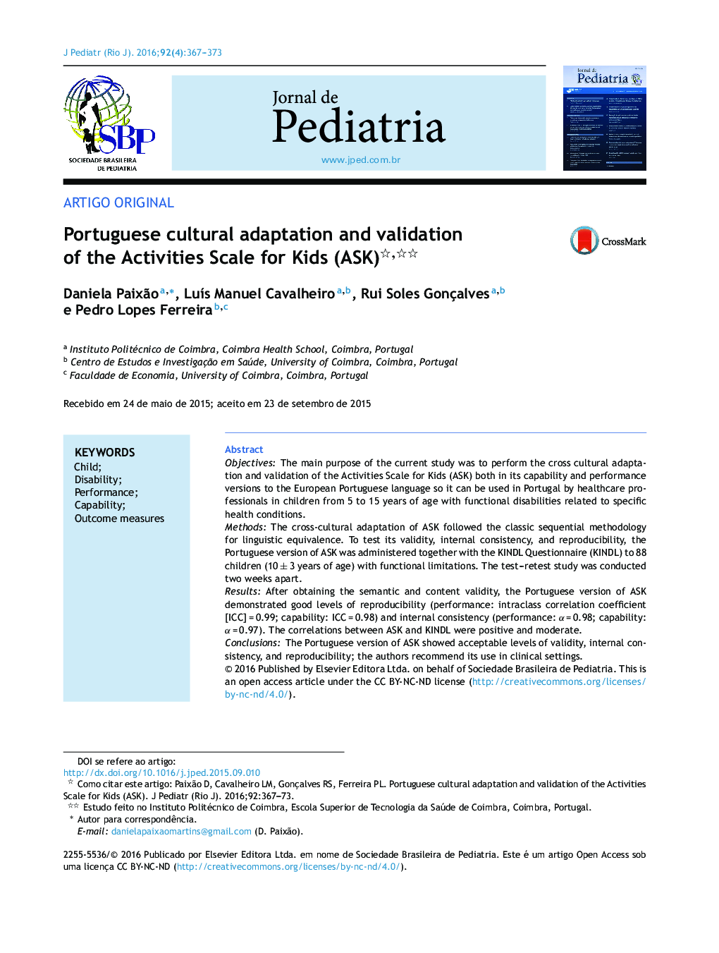Portuguese cultural adaptation and validation of the Activities Scale for Kids (ASK) 