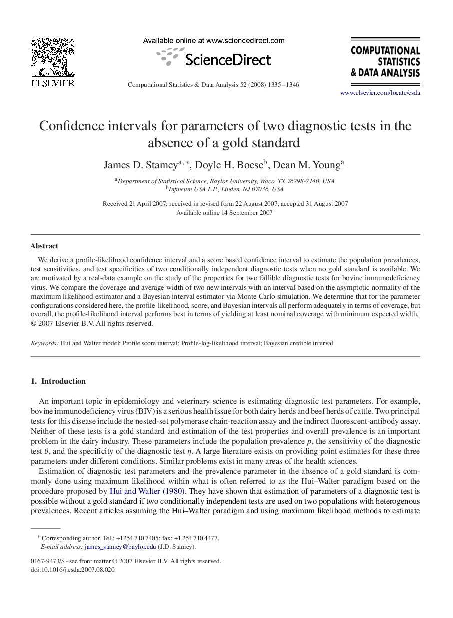 Confidence intervals for parameters of two diagnostic tests in the absence of a gold standard