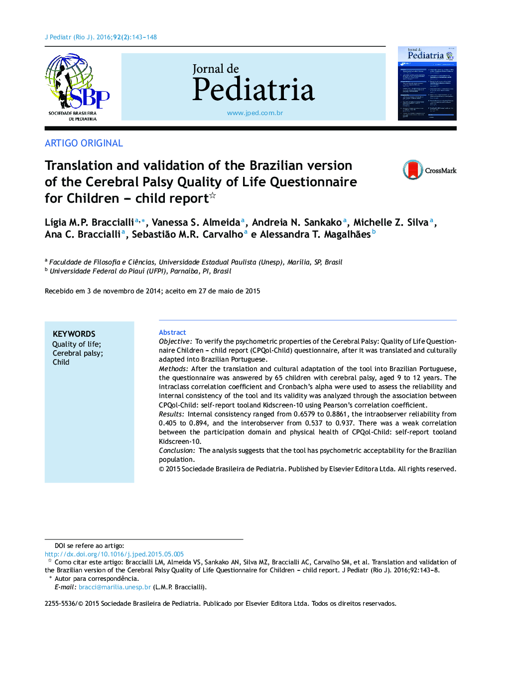 Translation and validation of the Brazilian version of the Cerebral Palsy Quality of Life Questionnaire for Children – child report 