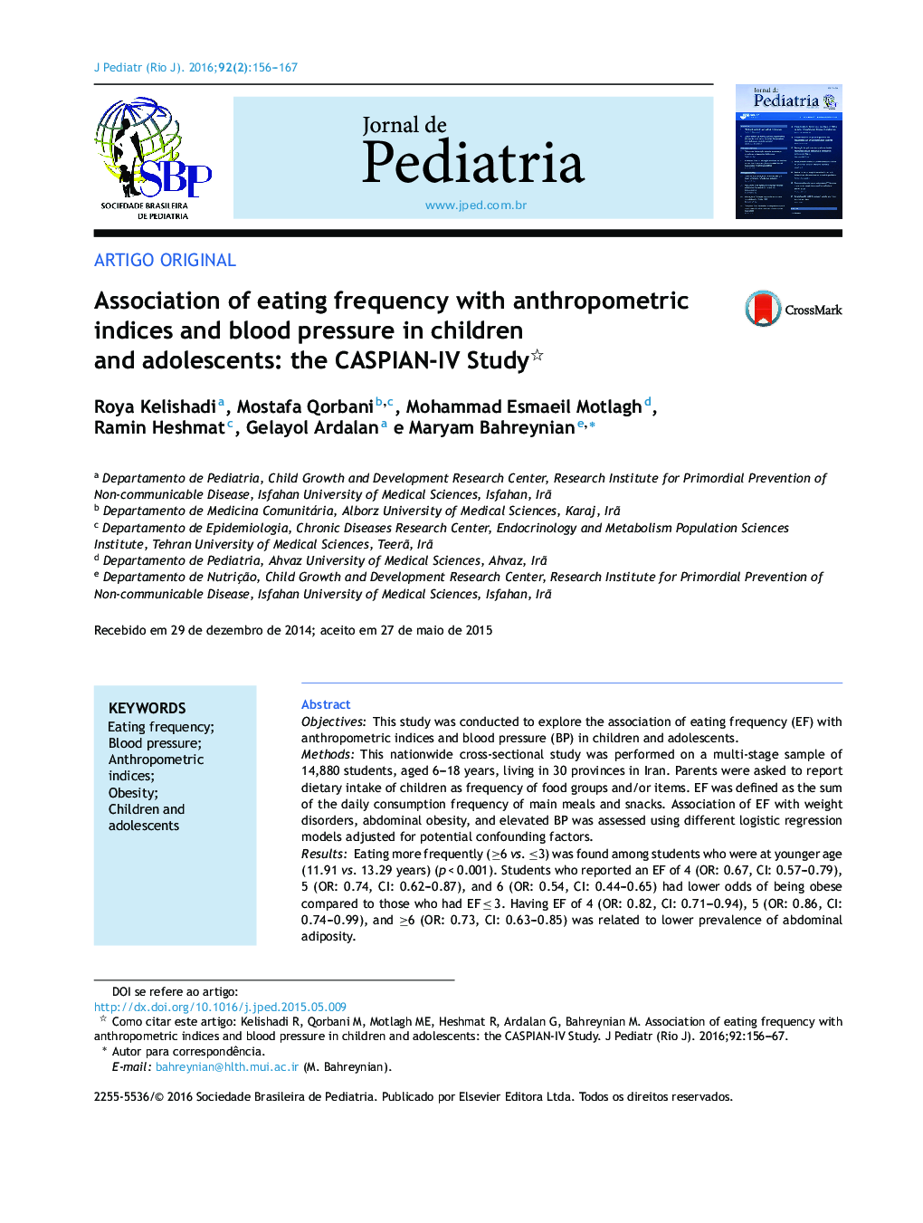 Association of eating frequency with anthropometric indices and blood pressure in children and adolescents: the CASPIAN‐IV Study 