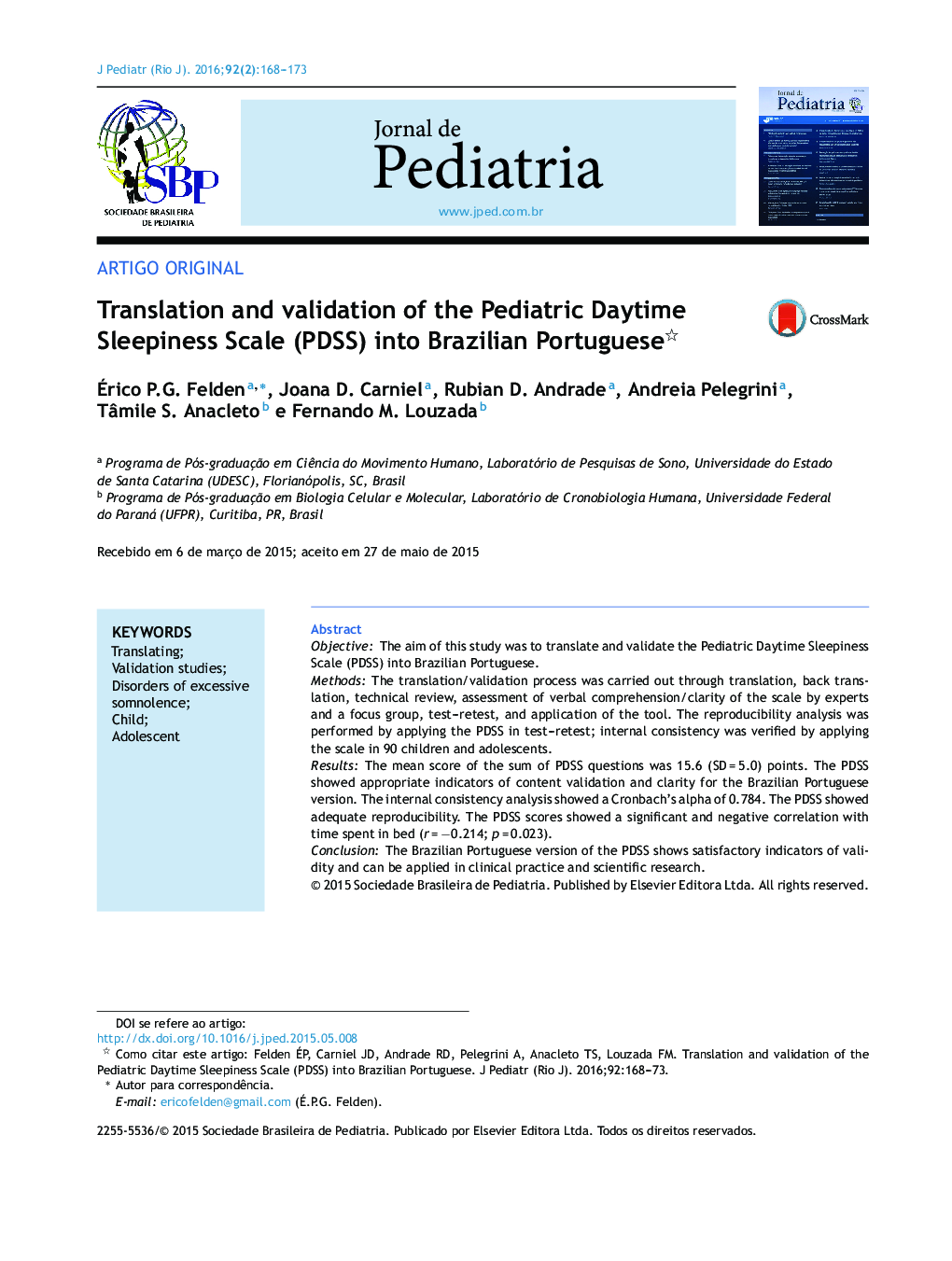 Translation and validation of the Pediatric Daytime Sleepiness Scale (PDSS) into Brazilian Portuguese 