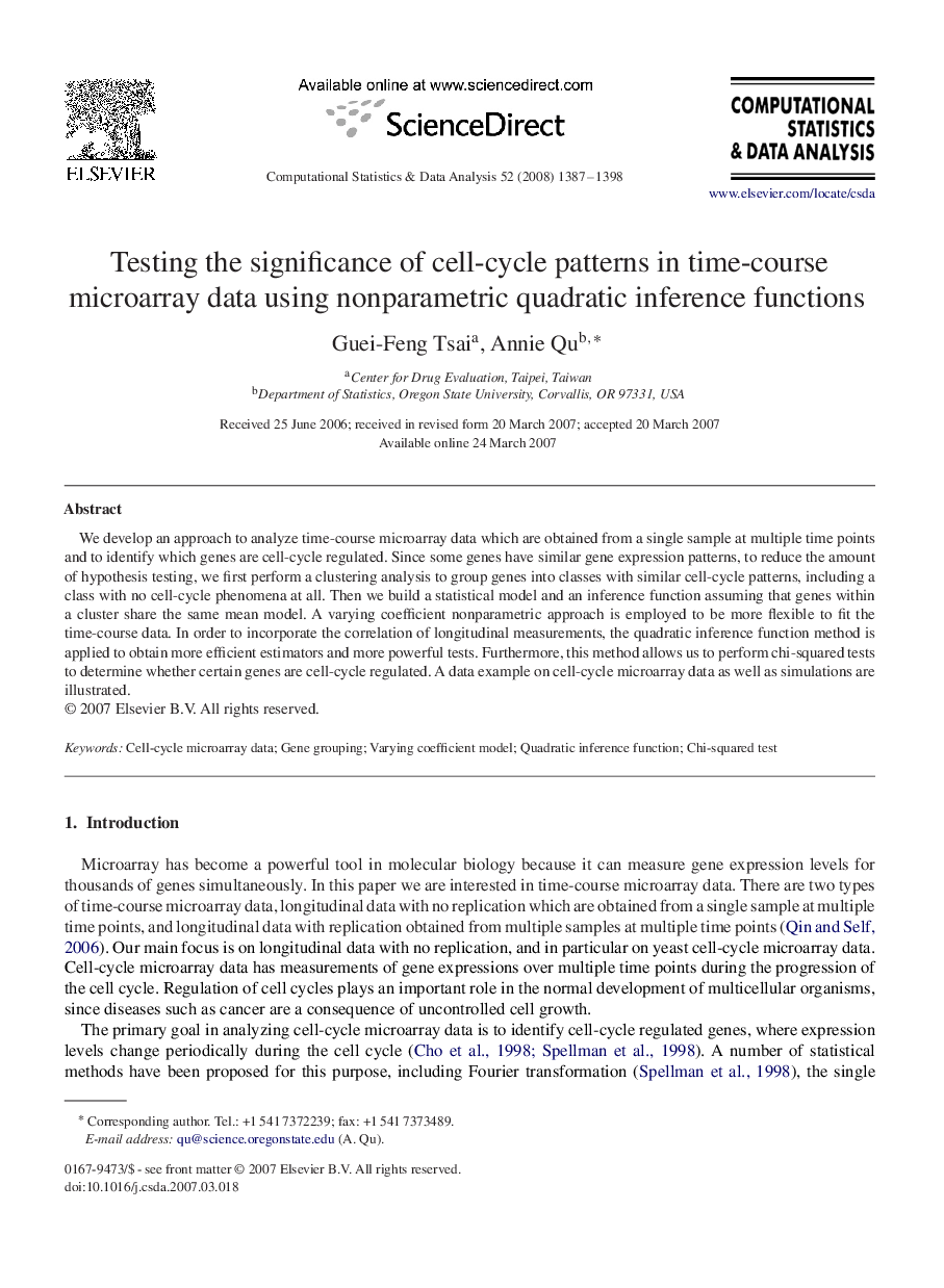 Testing the significance of cell-cycle patterns in time-course microarray data using nonparametric quadratic inference functions