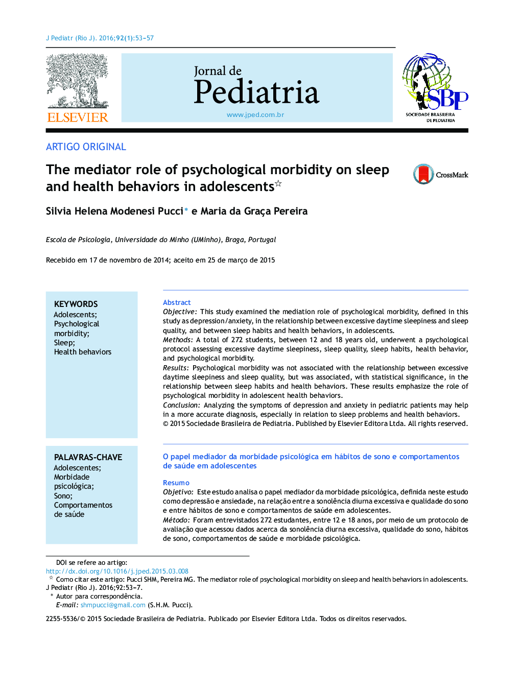 The mediator role of psychological morbidity on sleep and health behaviors in adolescents 