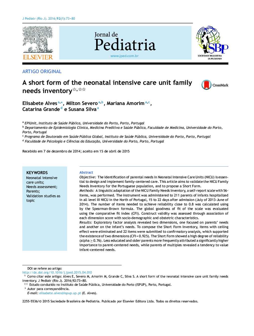 A short form of the neonatal intensive care unit family needs inventory 